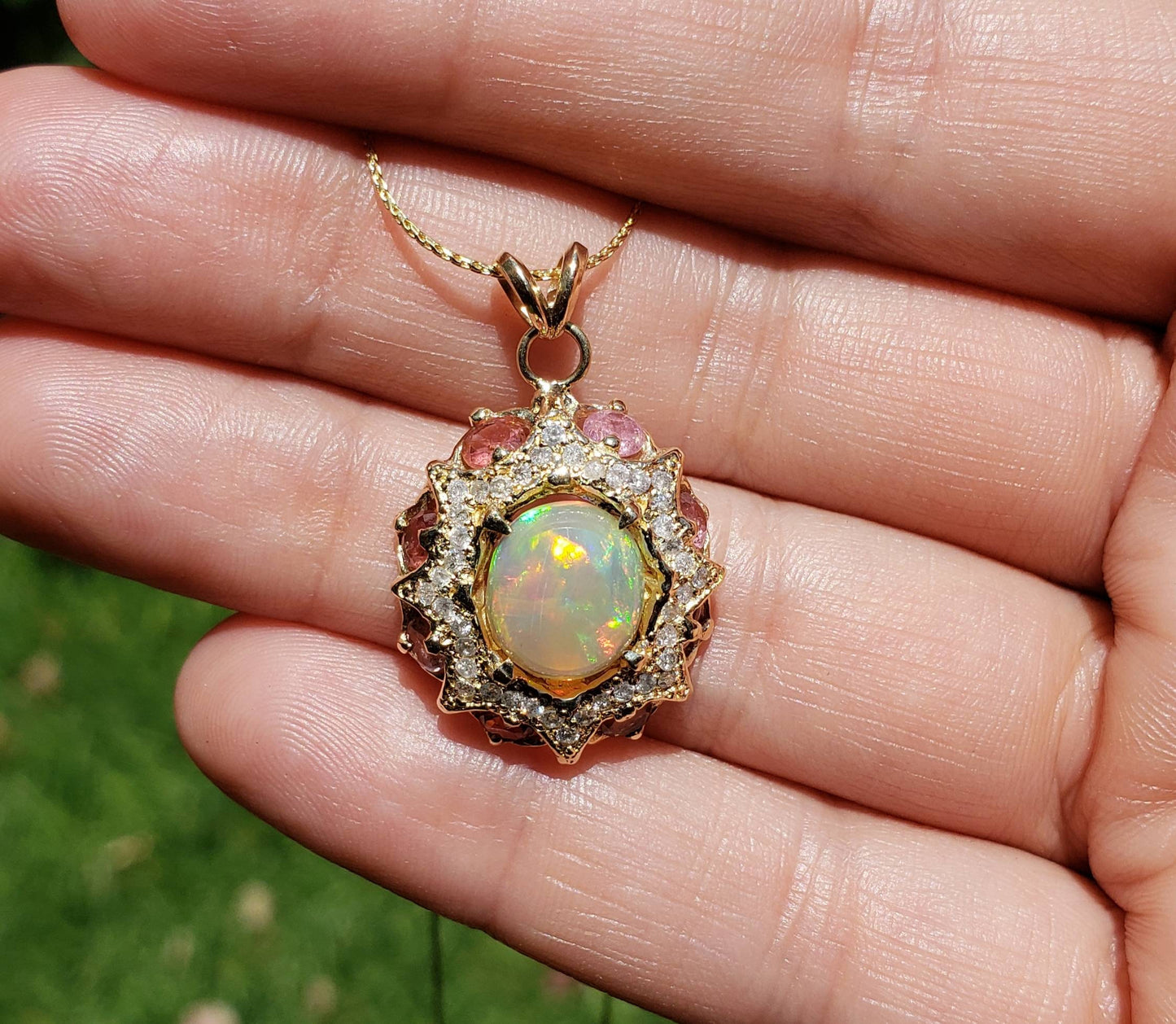 Opal & Pink Tourmaline Pendant 14k Gold #1609