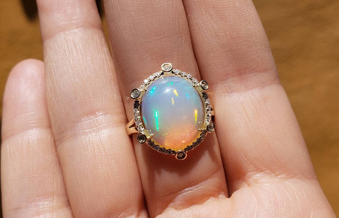 Ethiopian Opal Ring with Diamonds 14k Yellow Gold #1606