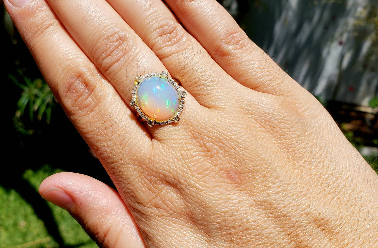 Ethiopian Opal Ring with Diamonds 14k Yellow Gold #1606