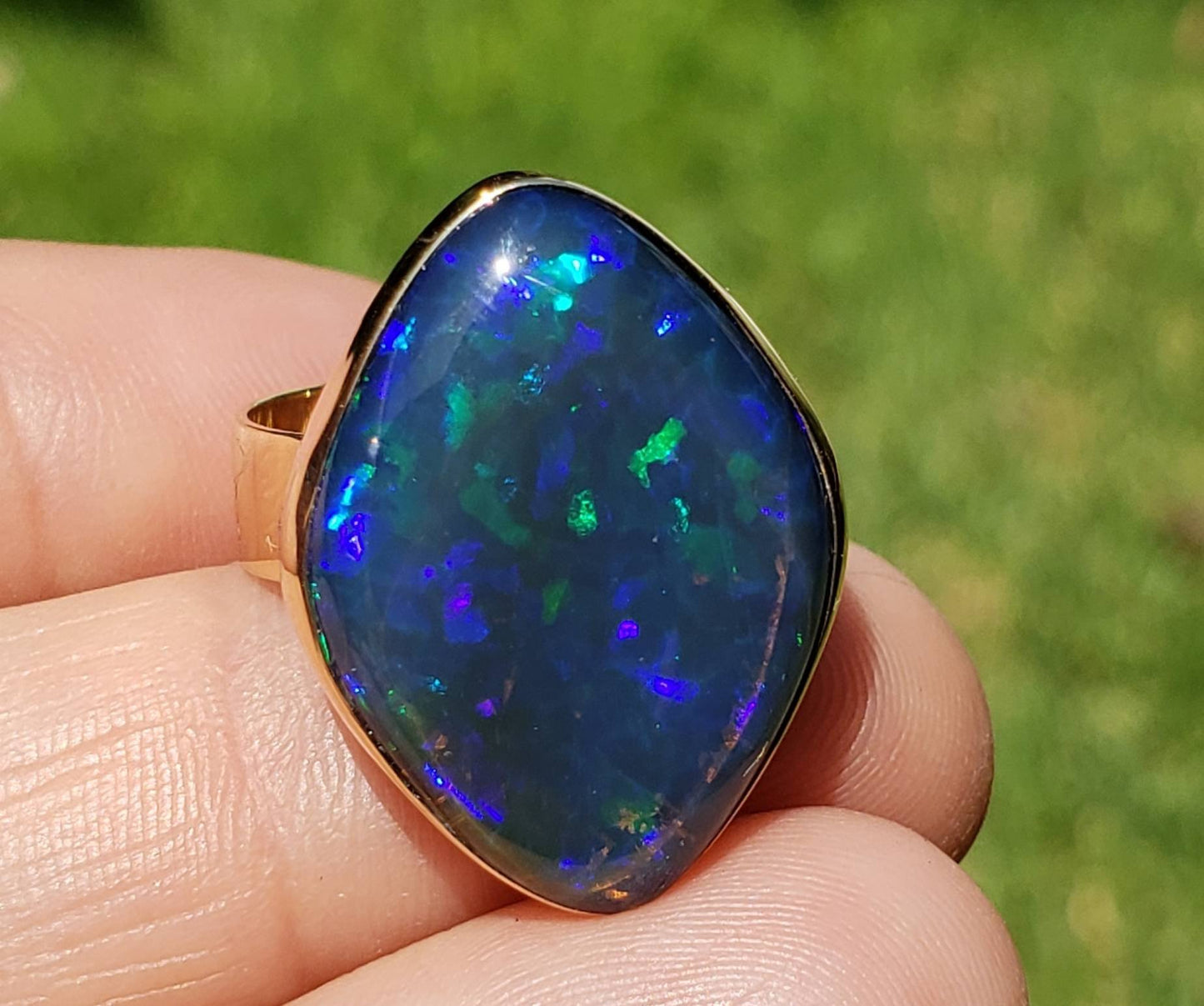 Large Blue Opal Doublet Ring 14k Yellow Gold