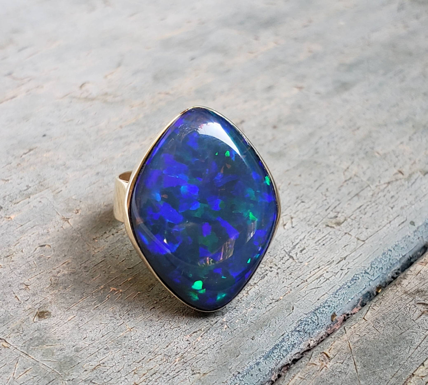 Large Blue Opal Doublet Ring 14k Yellow Gold
