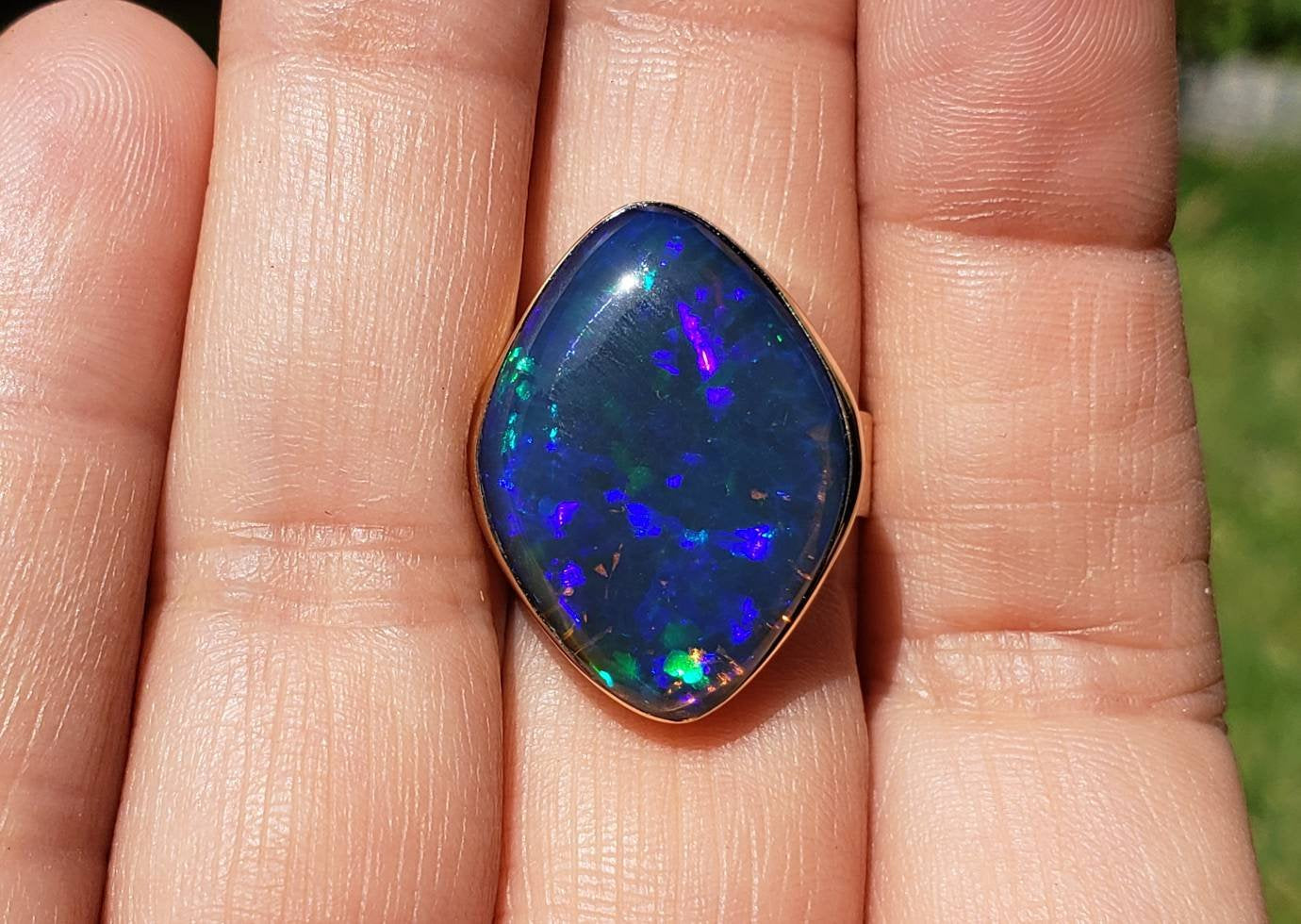 Large Blue Opal Doublet Ring 14k Yellow Gold