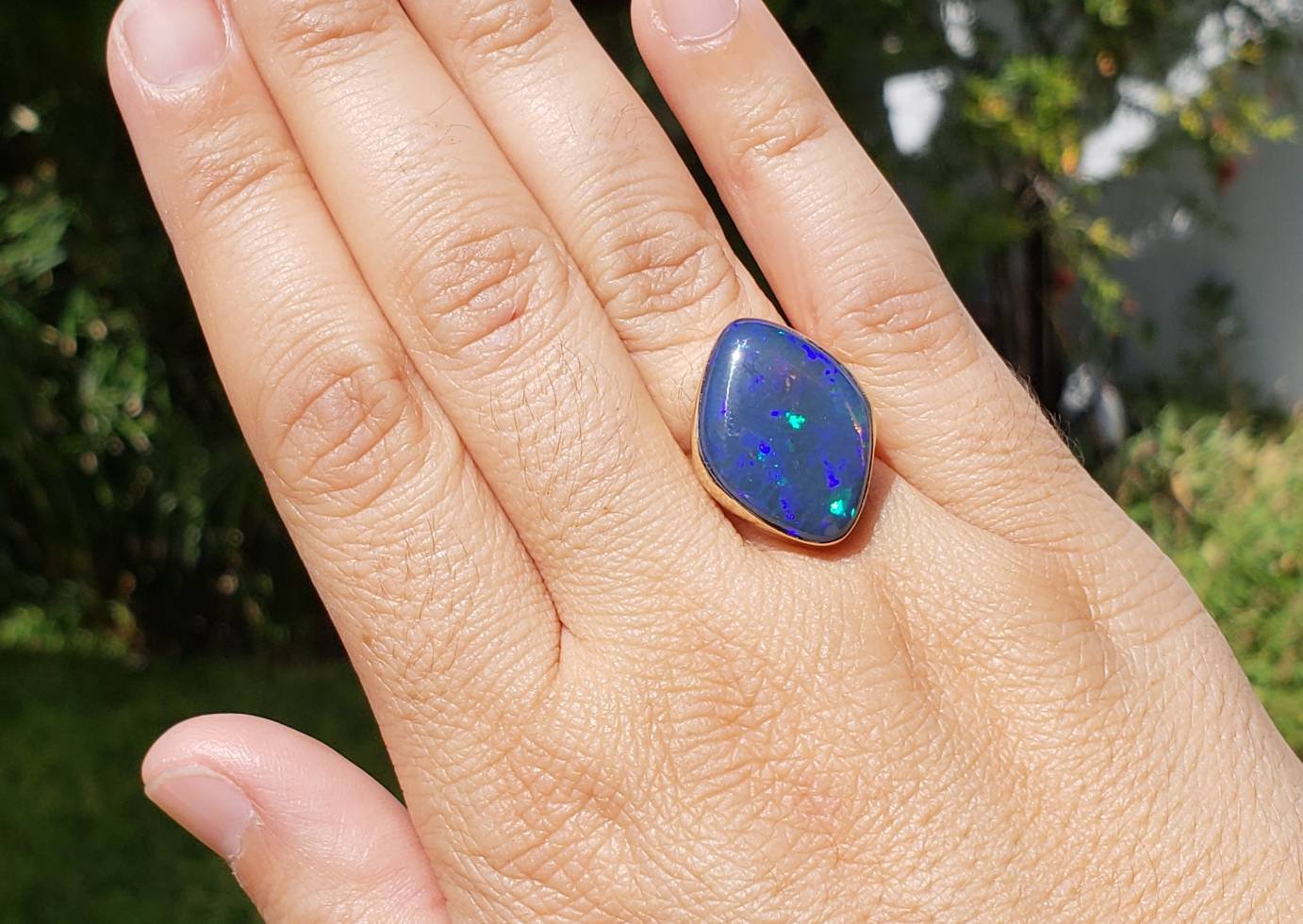 Large Blue Opal Doublet Ring 14k Yellow Gold