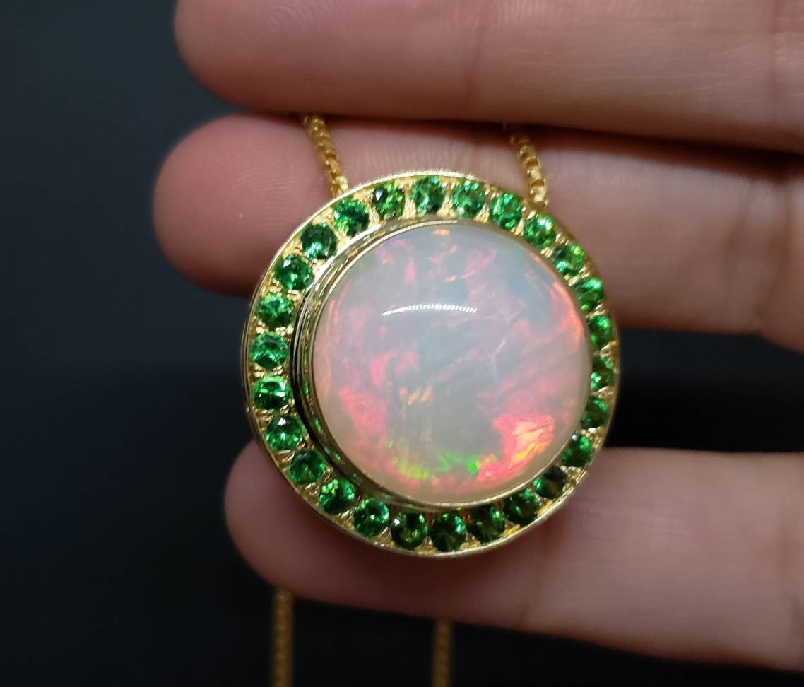 Opal & Green Tsavorite Pendant 14k Gold