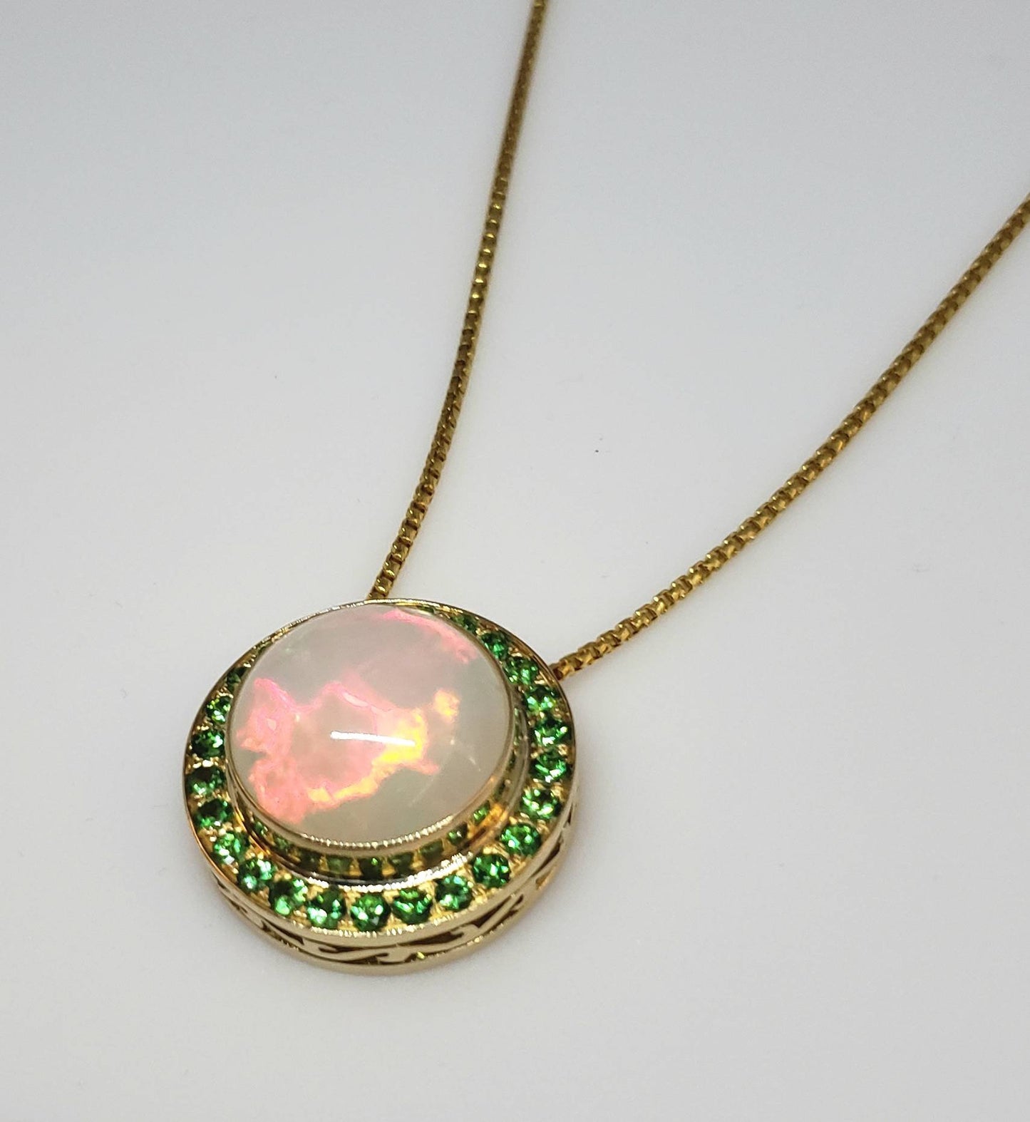 Opal & Green Tsavorite Pendant 14k Gold