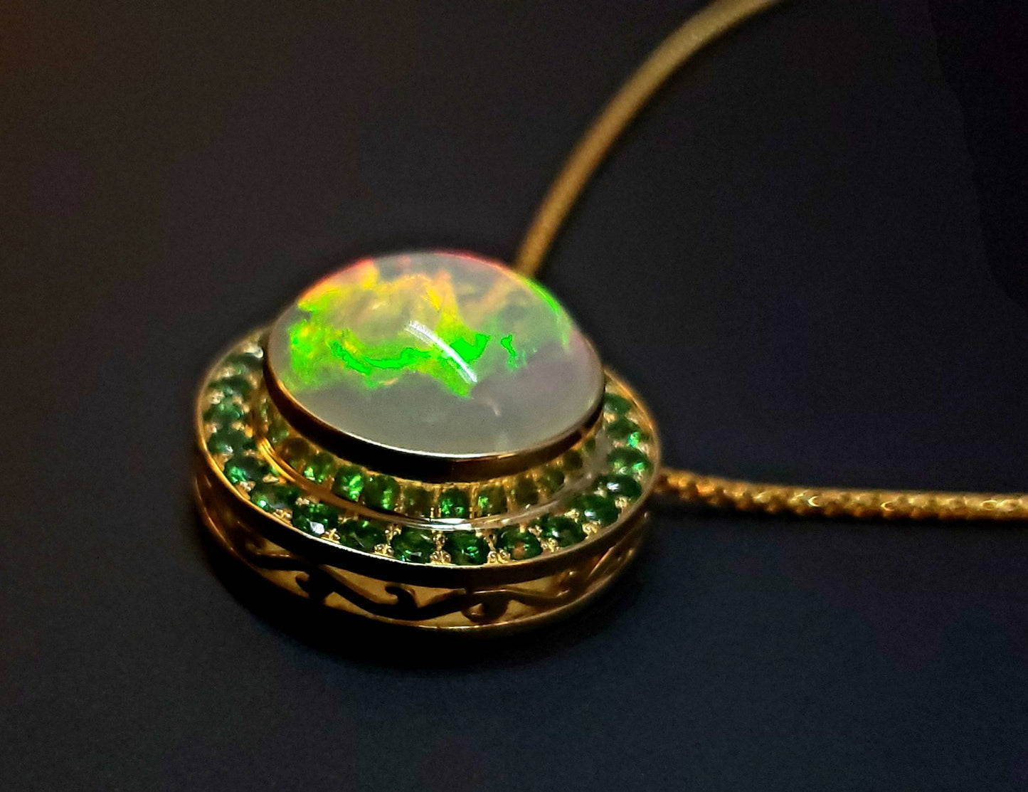 Opal & Green Tsavorite Pendant 14k Gold