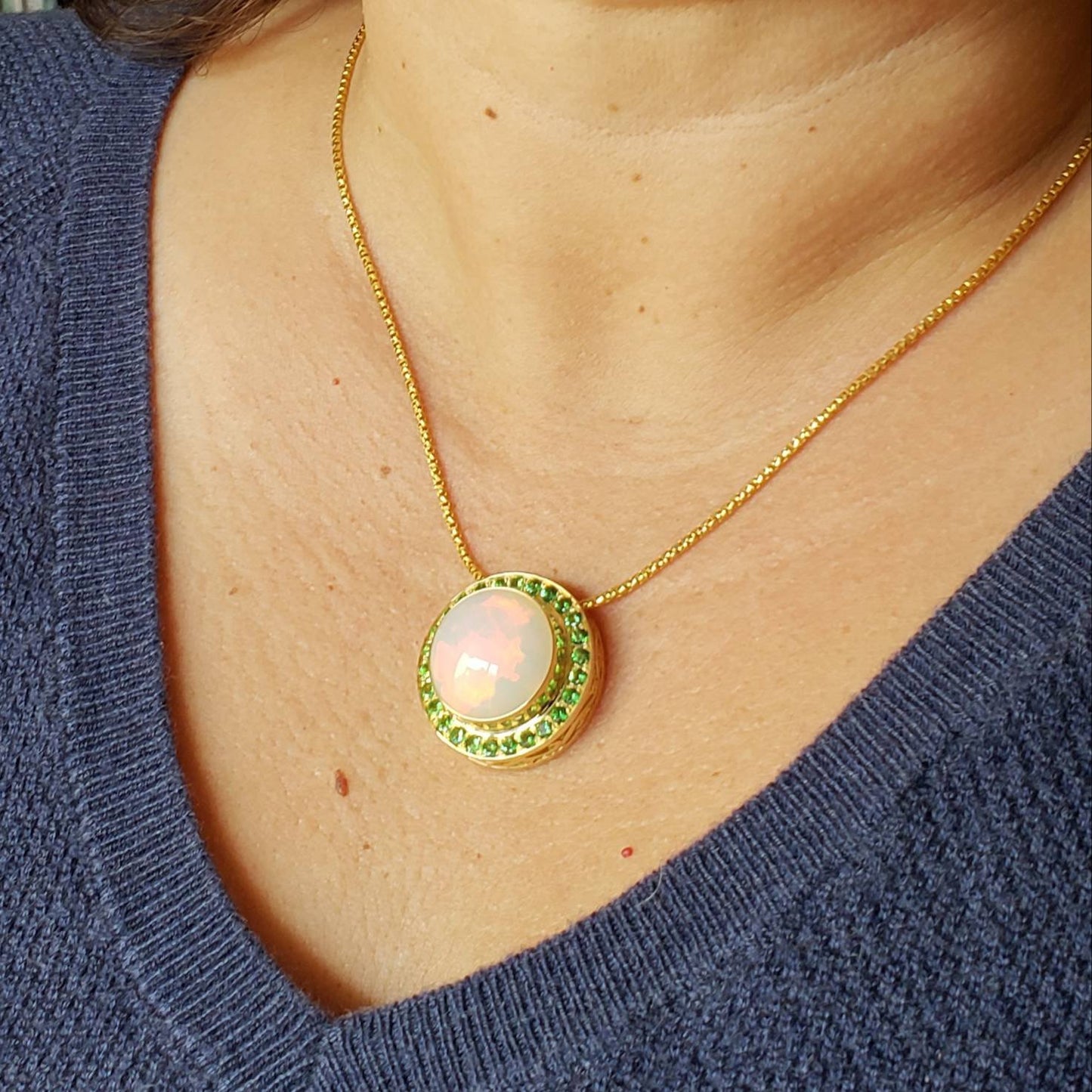 Opal & Green Tsavorite Pendant 14k Gold