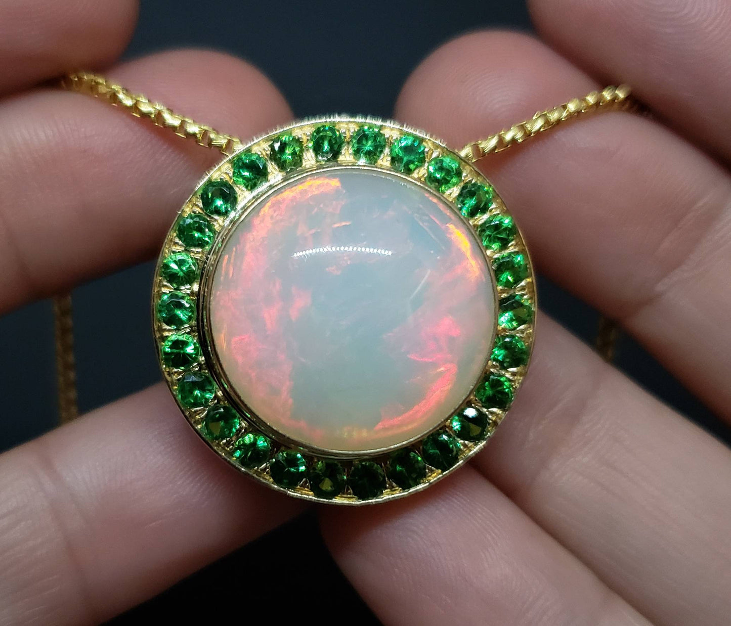 Opal & Green Tsavorite Pendant 14k Gold