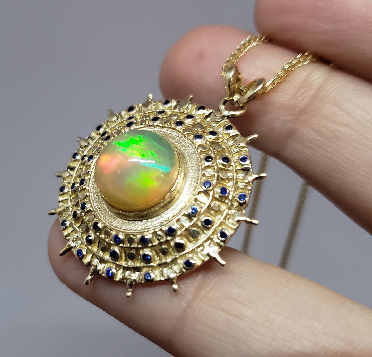 Opal & Blue Sapphire Pendant - 14k Gold #1622