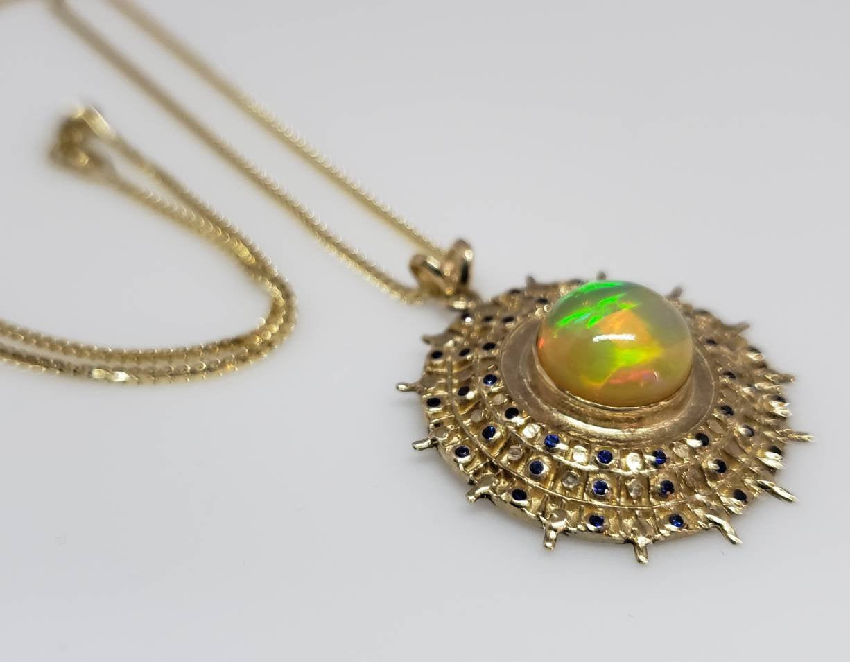 Opal & Blue Sapphire Pendant - 14k Gold #1622