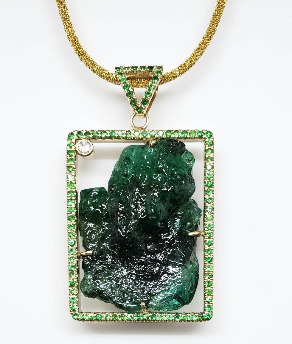 Emerald & Tsavorite Pendant - Carved Gemstone Jewelry 14k Gold
