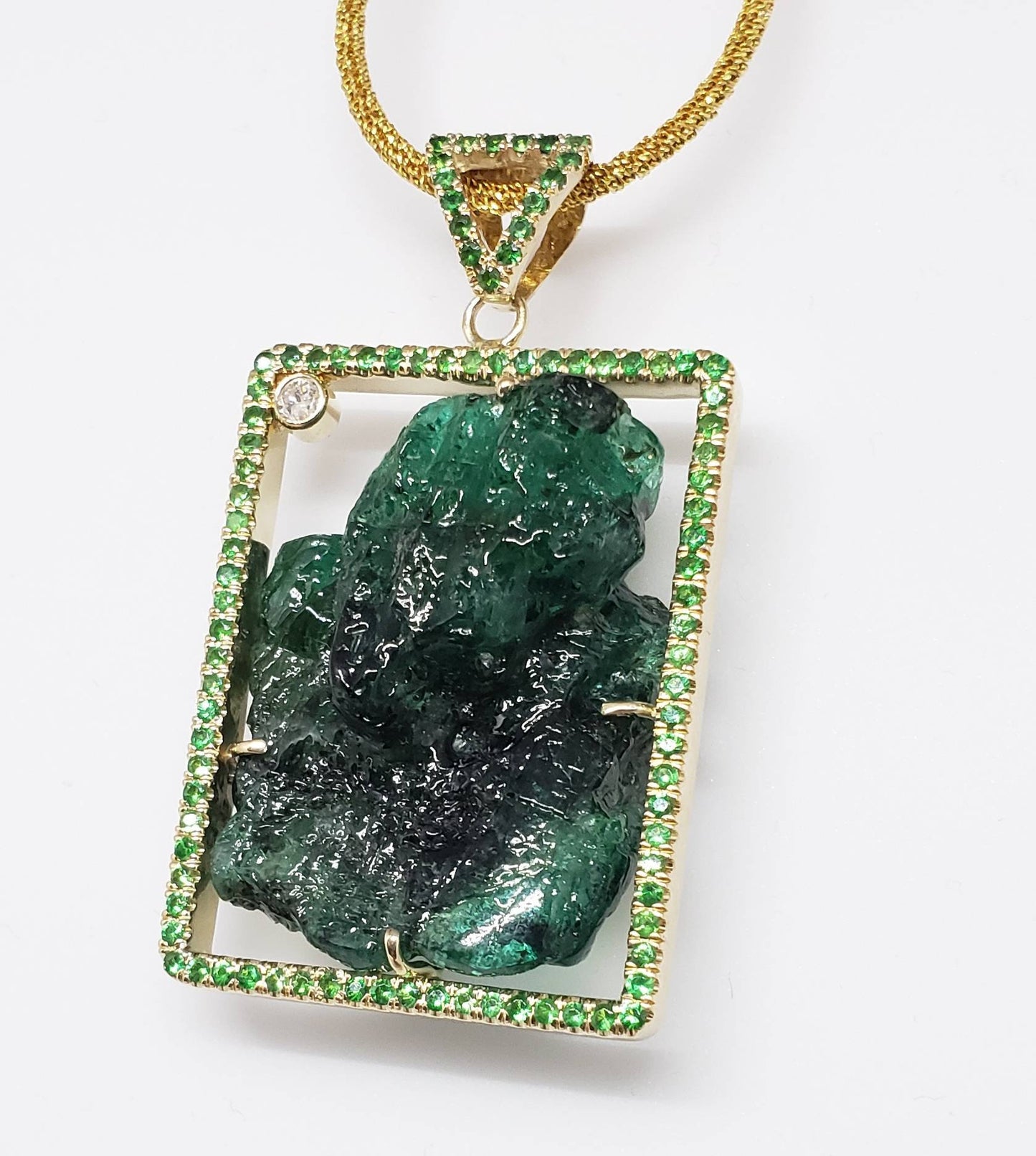 Emerald & Tsavorite Pendant - Carved Gemstone Jewelry 14k Gold