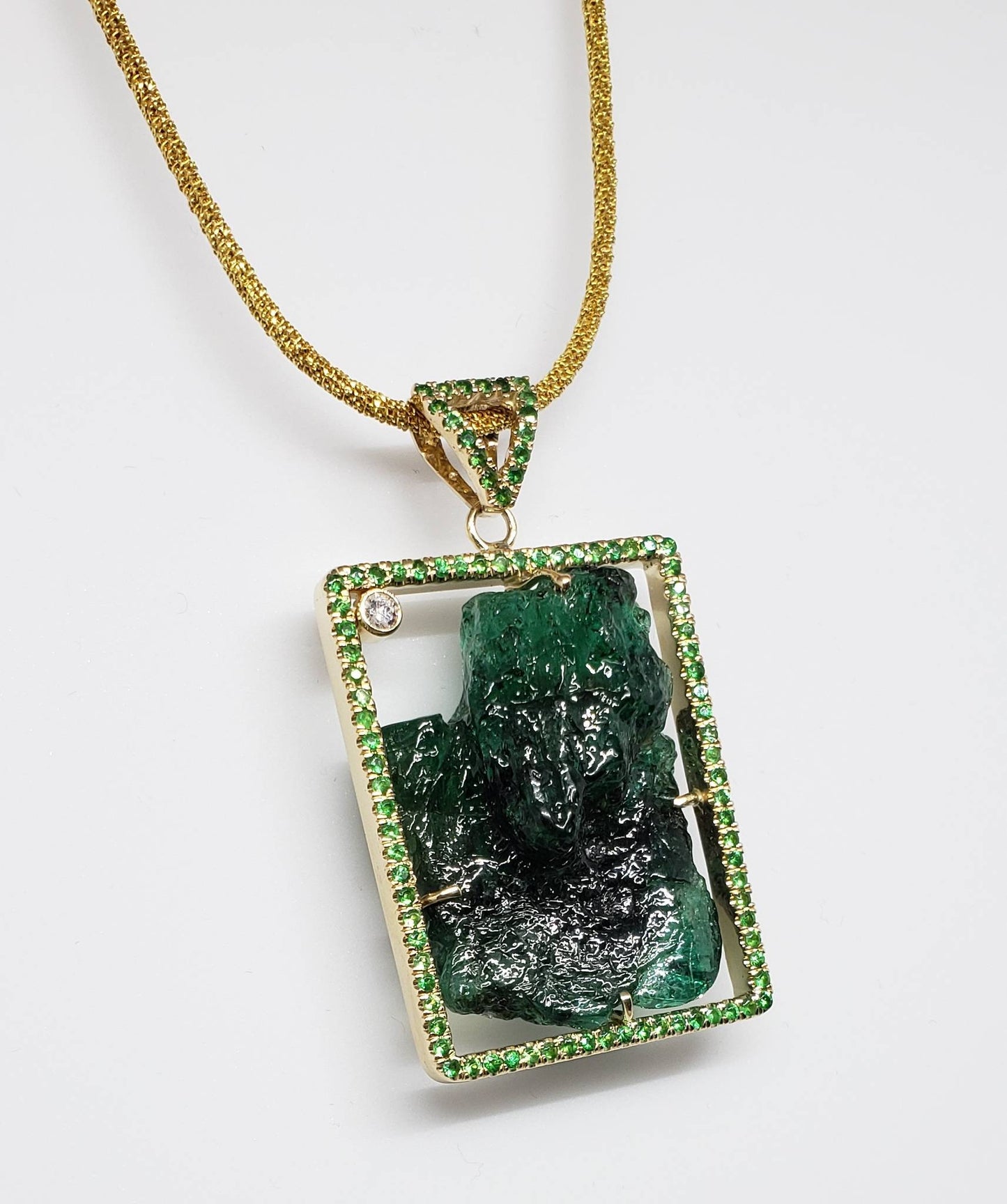 Emerald & Tsavorite Pendant - Carved Gemstone Jewelry 14k Gold