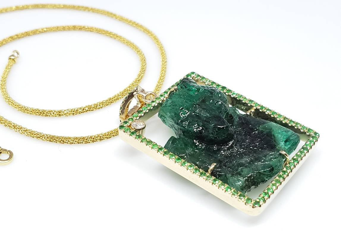 Emerald & Tsavorite Pendant - Carved Gemstone Jewelry 14k Gold