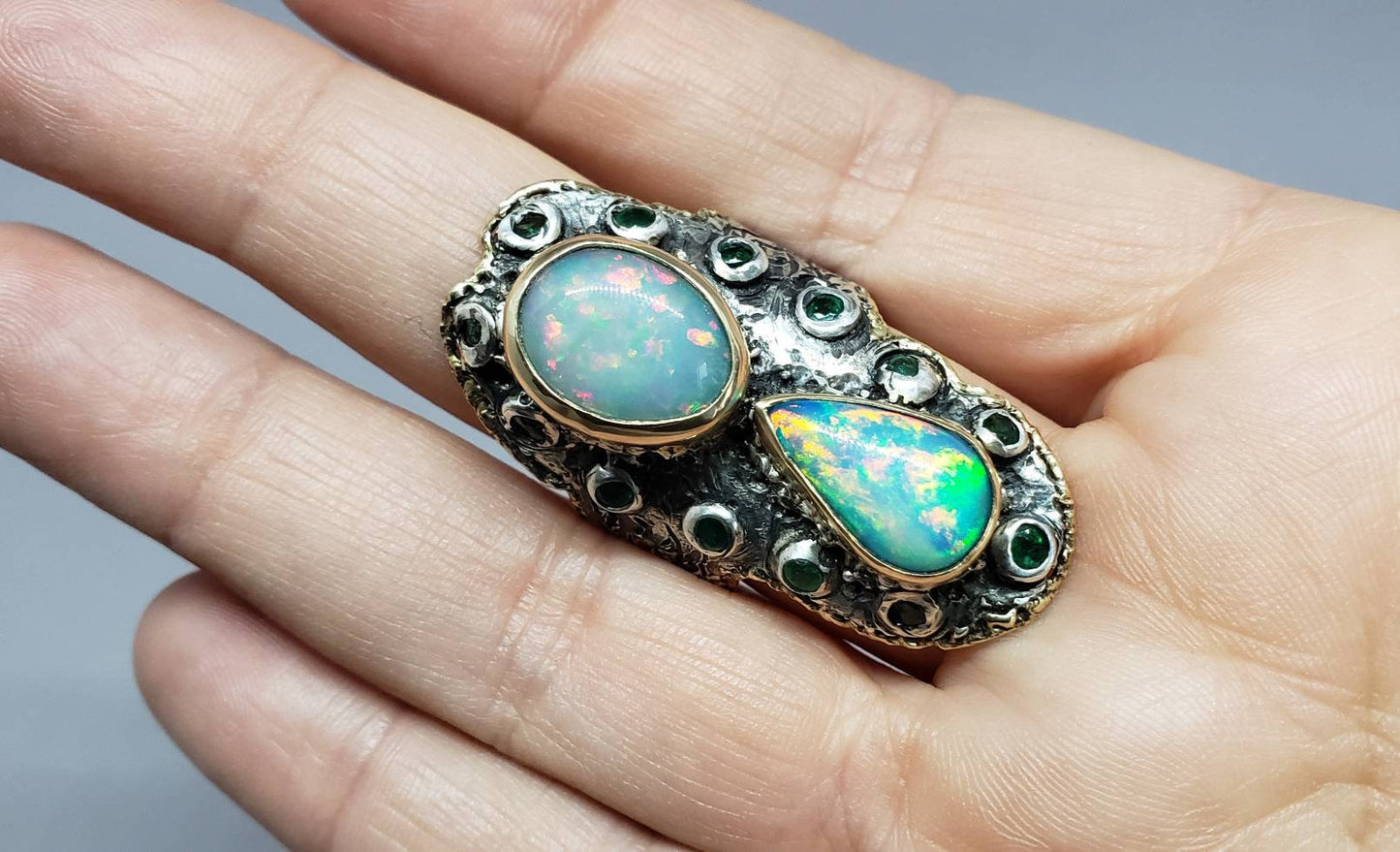 Rustic Opal Ring - 14k Gold - Sterling Silver & Gold y #1628