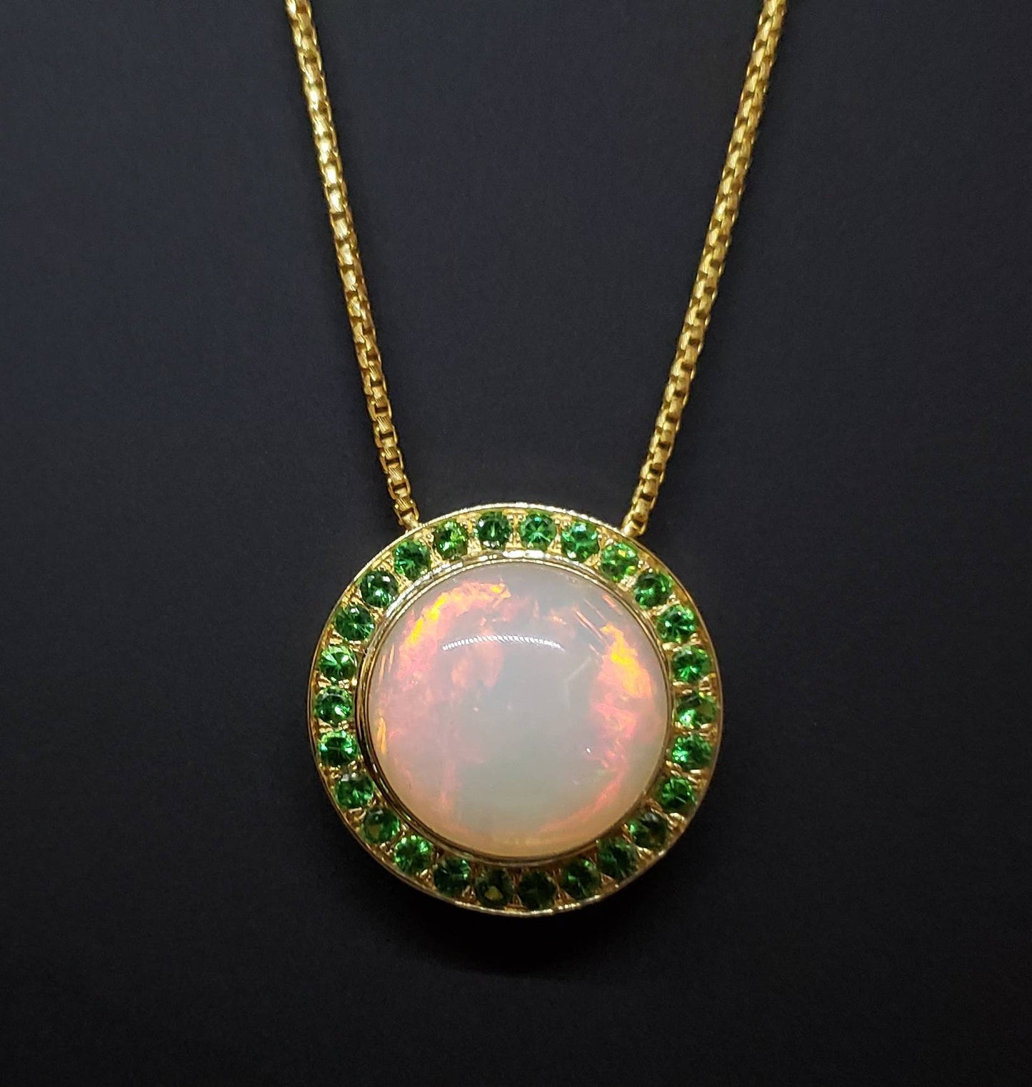 Opal & Green Tsavorite Pendant 14k Gold