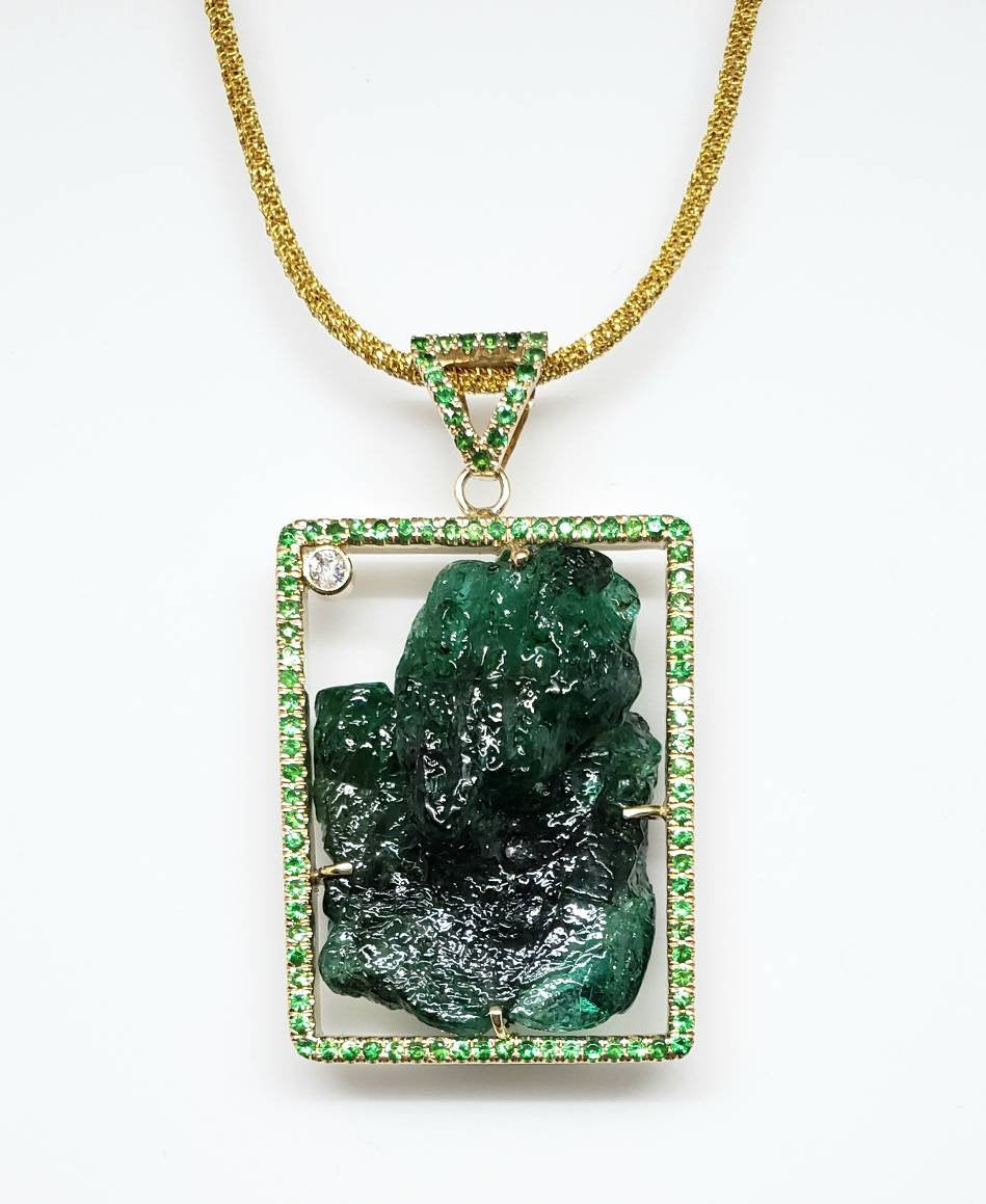 Emerald & Tsavorite Pendant - Carved Gemstone Jewelry 14k Gold