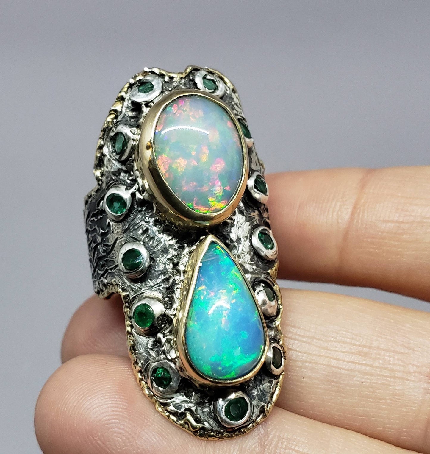Rustic Opal Ring - 14k Gold - Sterling Silver & Gold y #1628