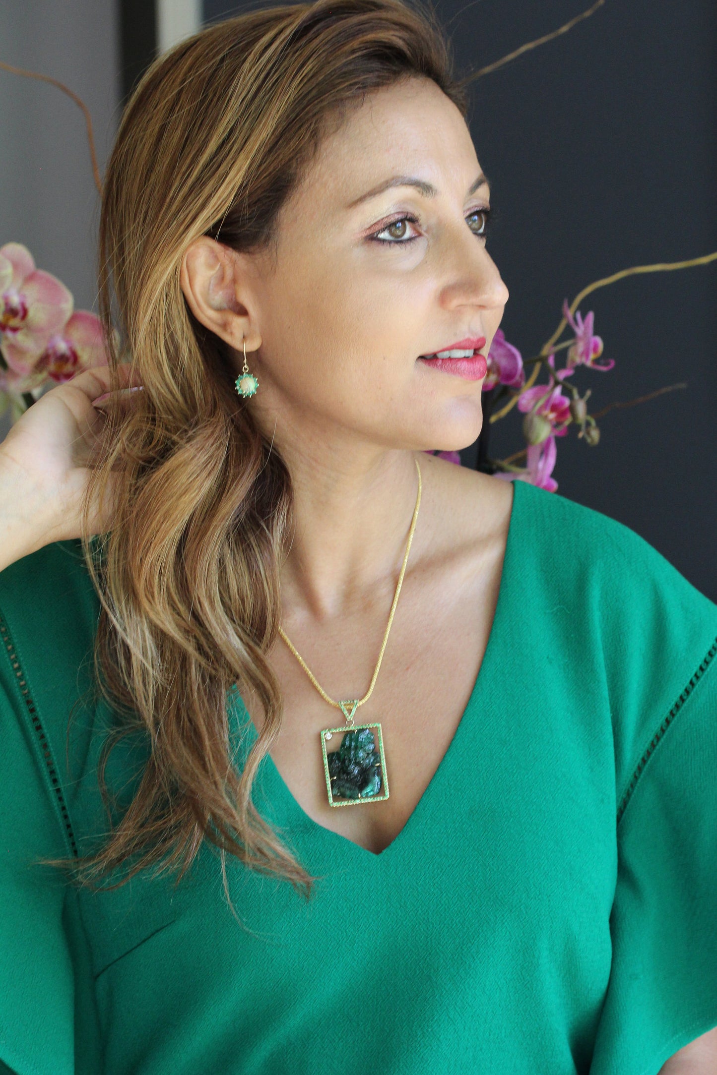 Emerald & Tsavorite Pendant - Carved Gemstone Jewelry 14k Gold