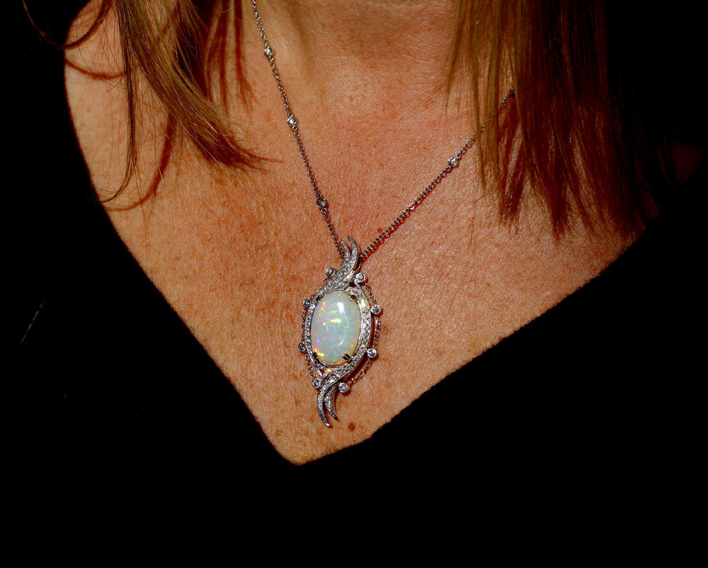 Opal & Diamond Necklace - 14k Gold #1321