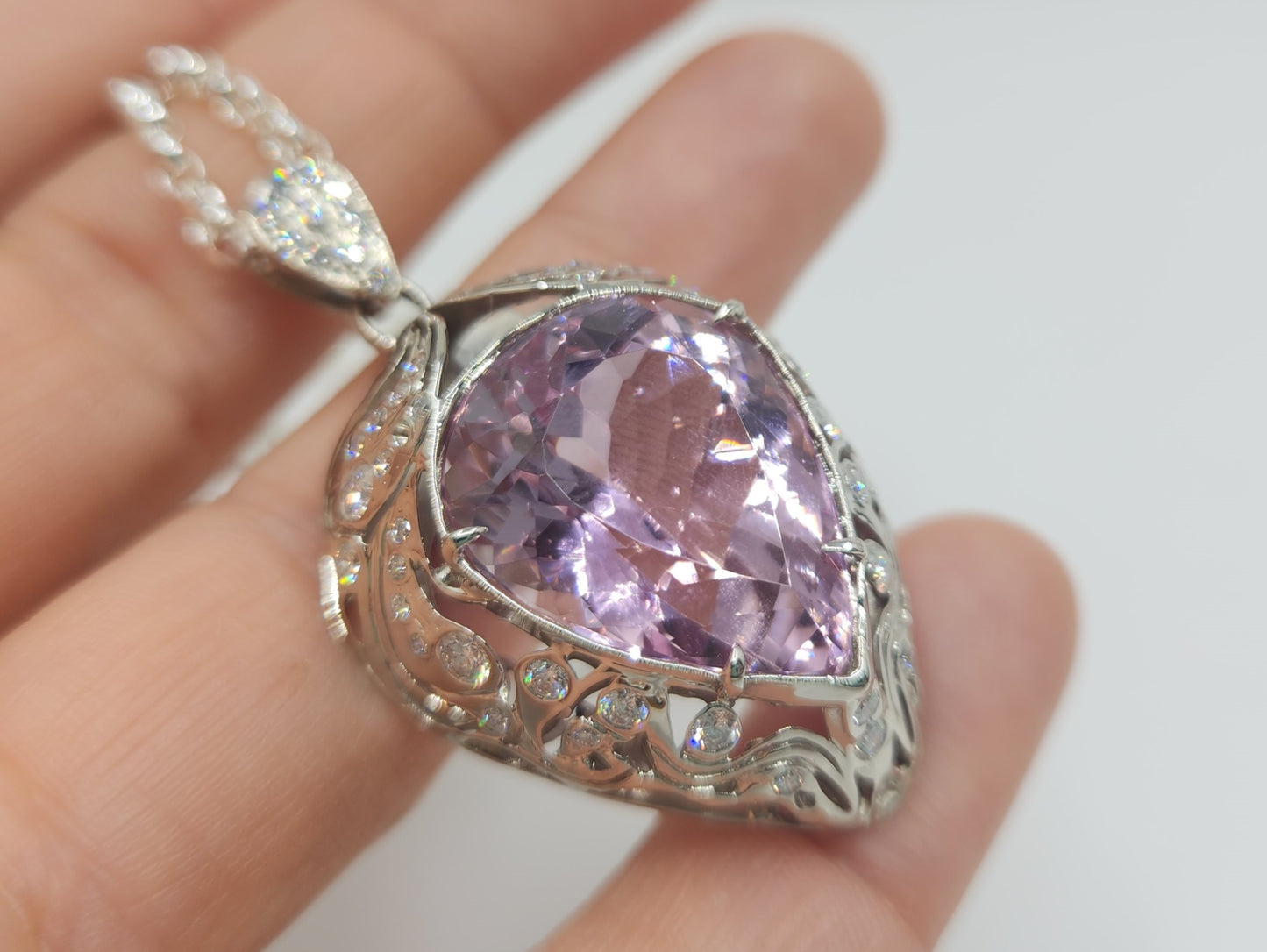 Custom Order White Gold Purple Kunzite & Diamond Pendant #512