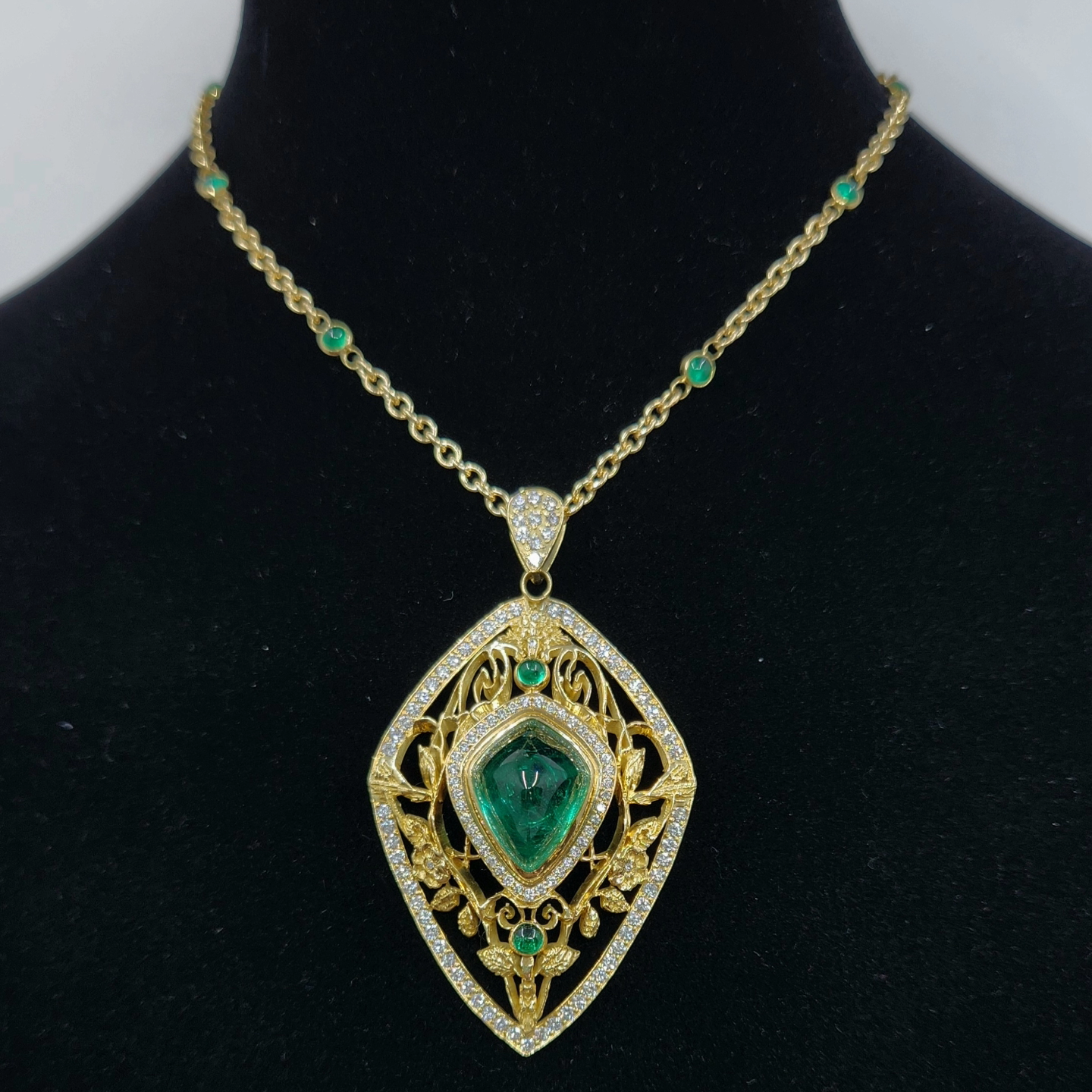 Custom Order: 18k Yellow Gold Emerald & Diamond Pendant #513