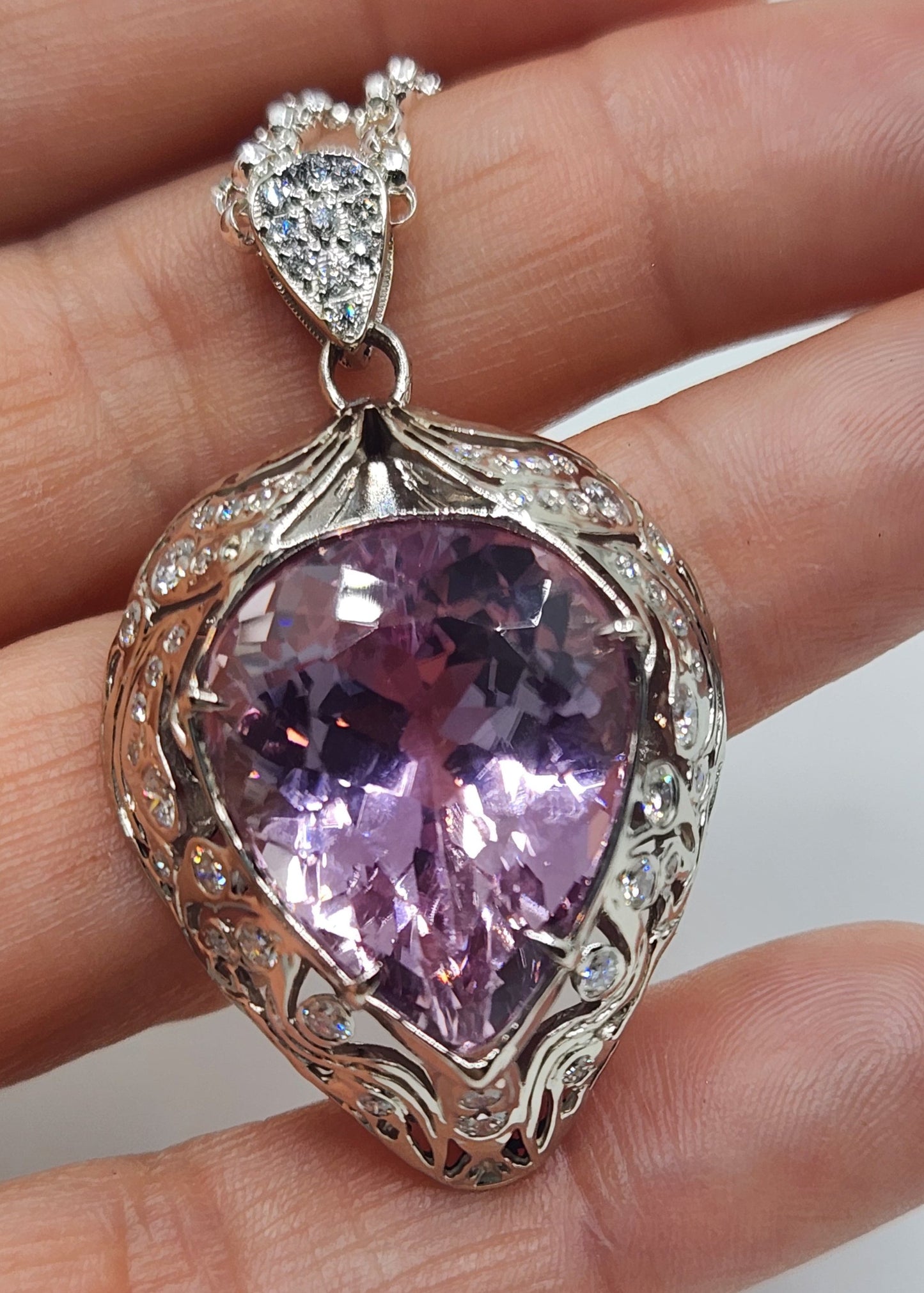 Custom Order White Gold Purple Kunzite & Diamond Pendant #512