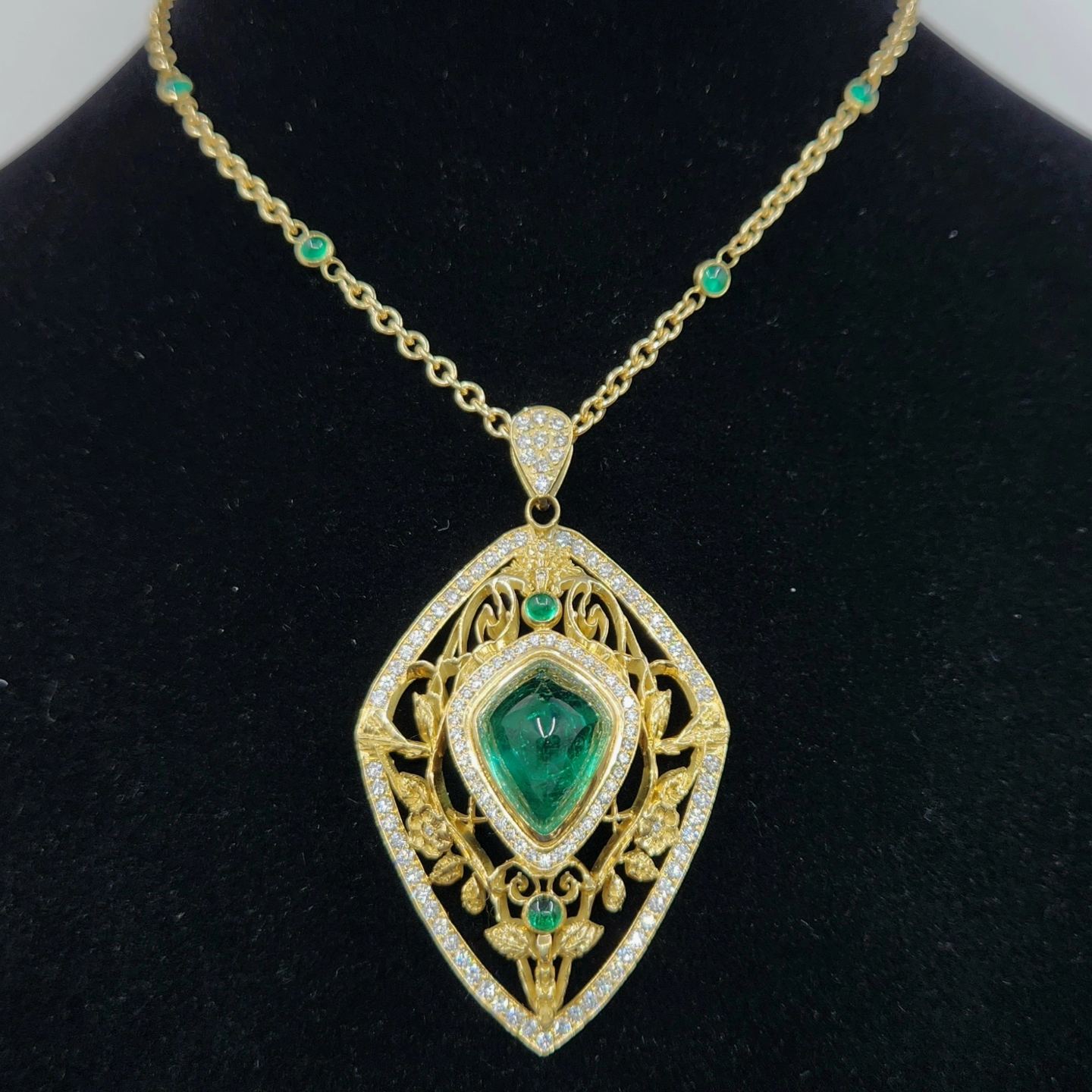 Custom Order: 18k Yellow Gold Emerald & Diamond Pendant #513