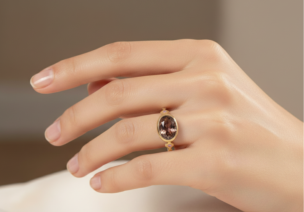 Pink Tourmaline Stacking Ring 14k Yellow Gold - Handmade Jewelry #640