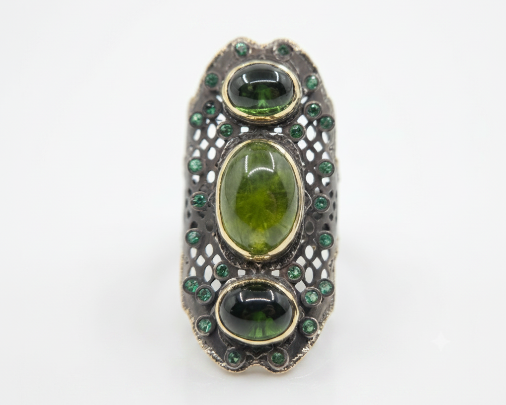 Green Gemstone Rustic Sterling Silver & Gold Ring #669