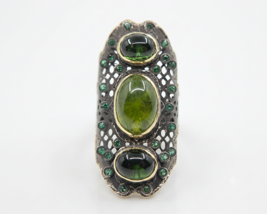 Green Gemstone Rustic Sterling Silver & Gold Ring #669