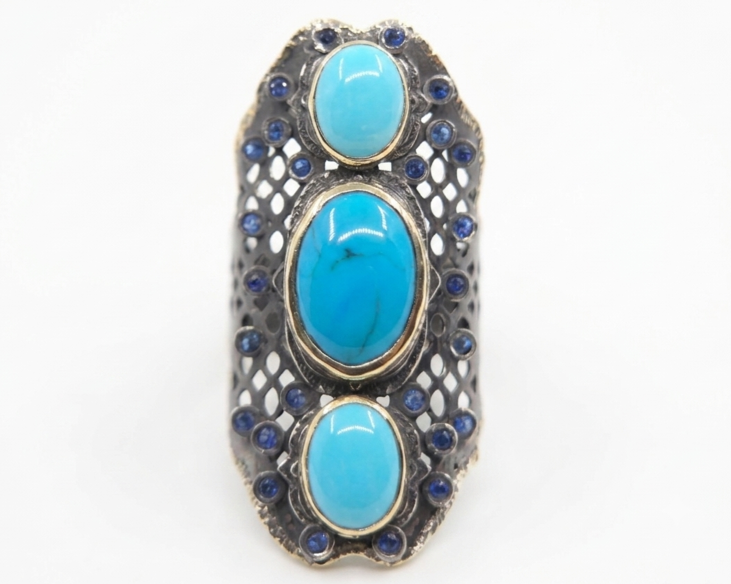 Turquoise Rustic Sterling Silver & Gold Ring #668