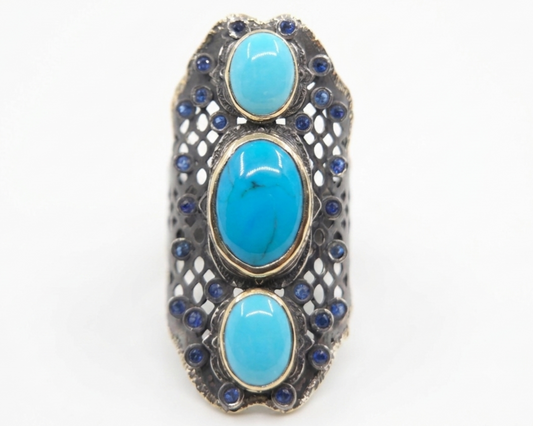 Turquoise Rustic Sterling Silver & Gold Ring #668
