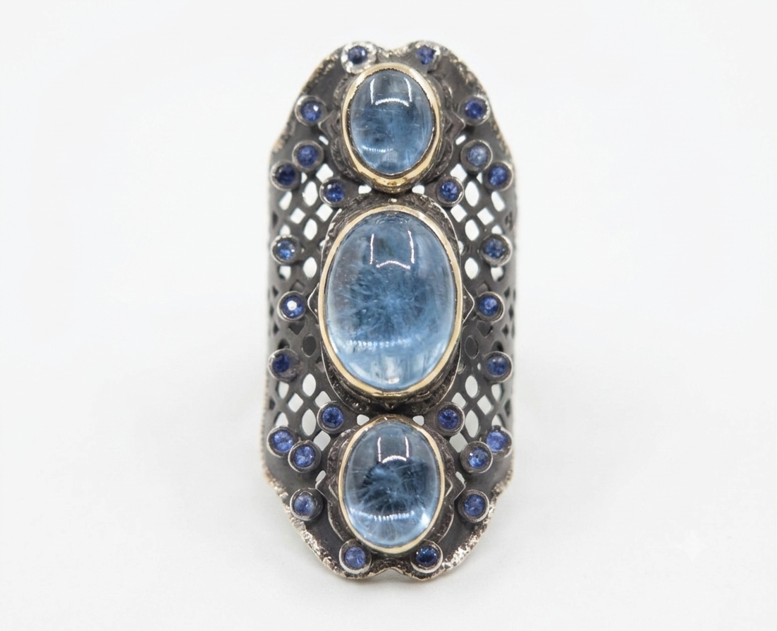 Aquamarine Blue Gemstone Rustic Sterling Silver & Gold Ring #670