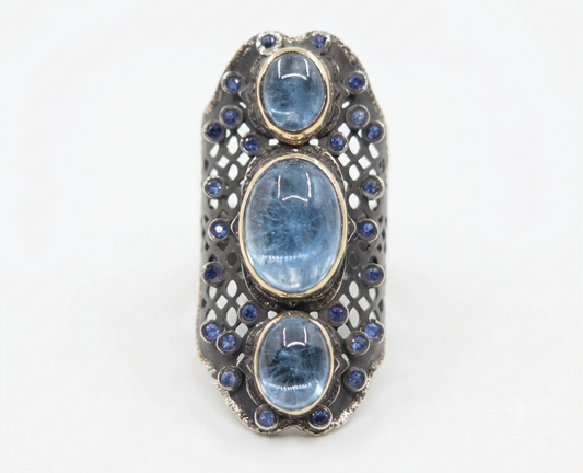 Aquamarine Blue Gemstone Rustic Sterling Silver & Gold Ring #670