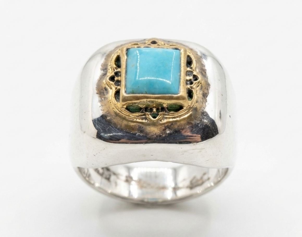 Sterling Silver & Brass Turquoise Gemstone Signet Ring #671