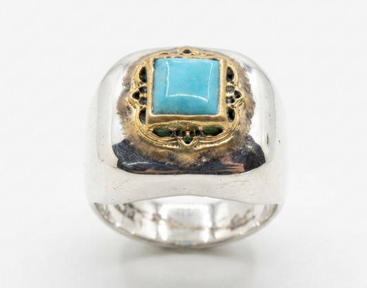 Sterling Silver & Brass Turquoise Gemstone Signet Ring #671