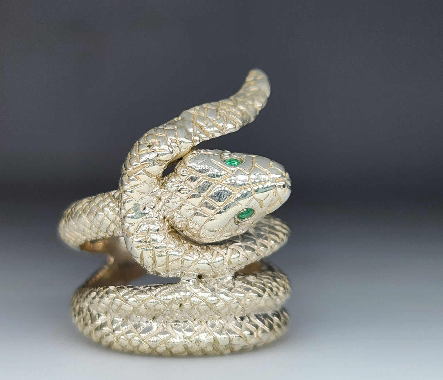Sterling Silver Snake Ring with Emerald Eyes #409