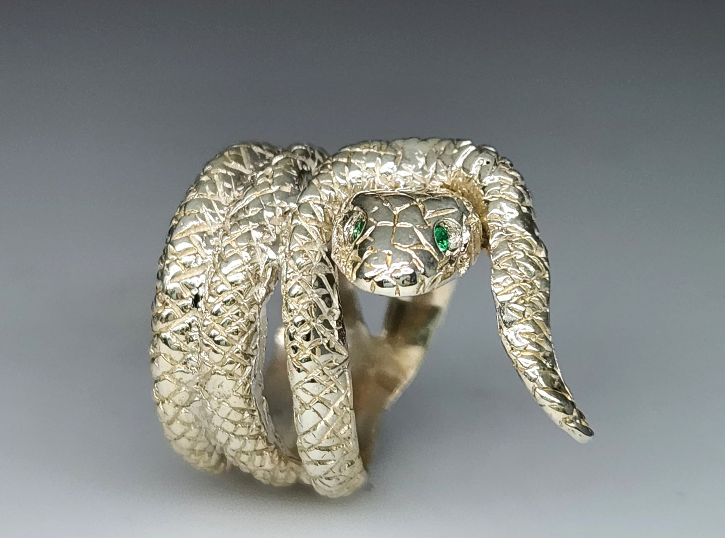 Sterling Silver Snake Ring with Emerald Eyes #409