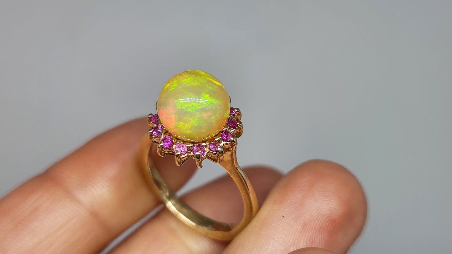 Opal Sphere & Sapphire Ring 14k Gold #401