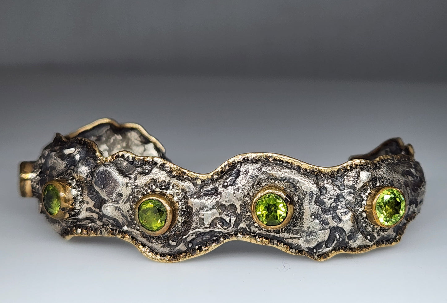 Rustic Silver & Green Peridot Gemstone Cuff Bracelet #410