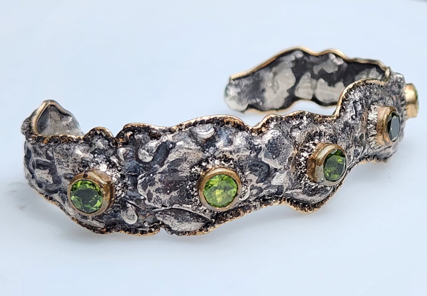 Rustic Silver & Green Peridot Gemstone Cuff Bracelet #410