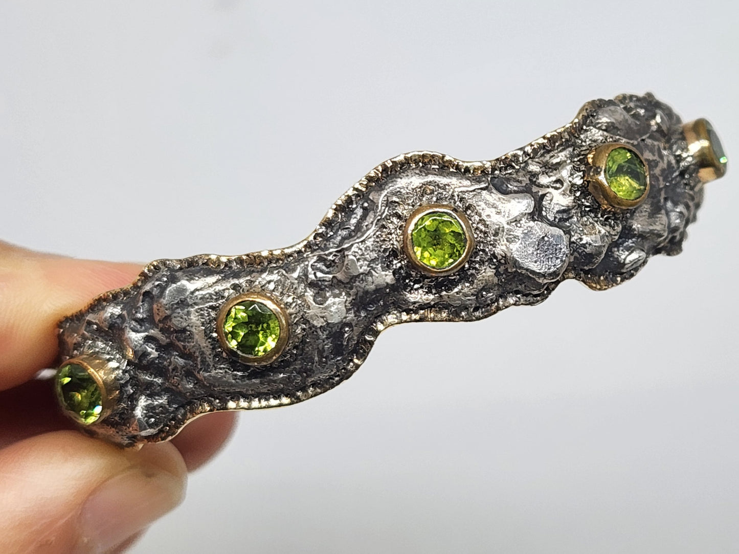 Rustic Silver & Green Peridot Gemstone Cuff Bracelet #410
