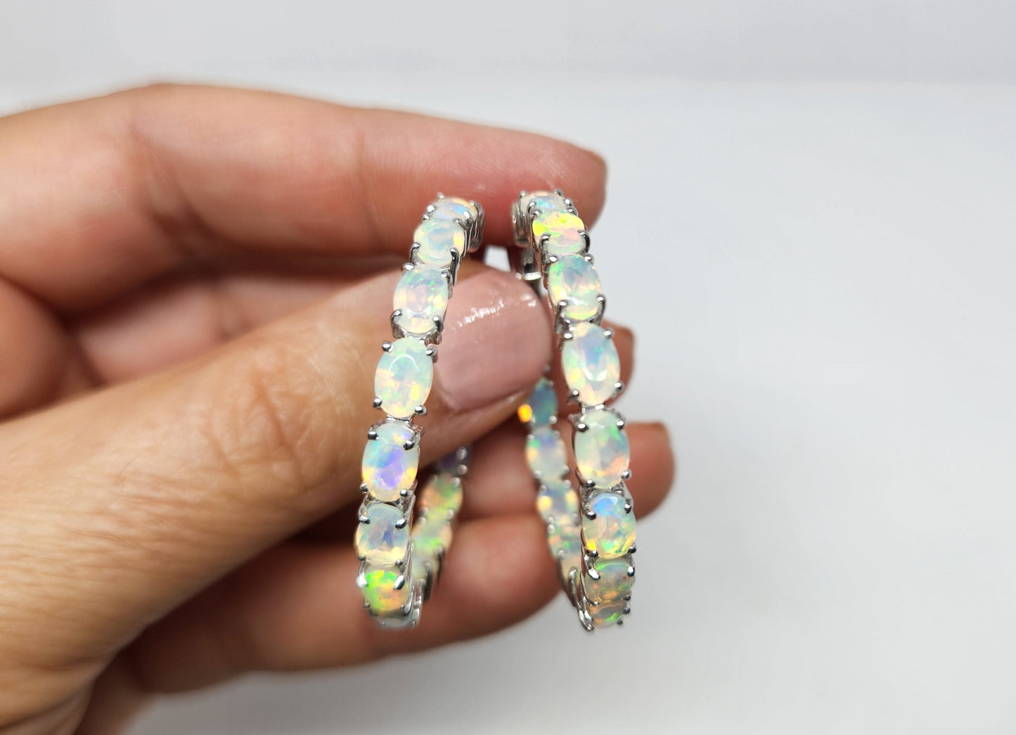 Opal Gemstone Hoop Earrings Sterling Silver #417
