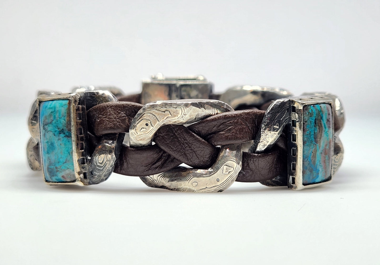 Men's Rustic Silver & Leather Blue Chrysocolla Gemstone Link Bracelet #418