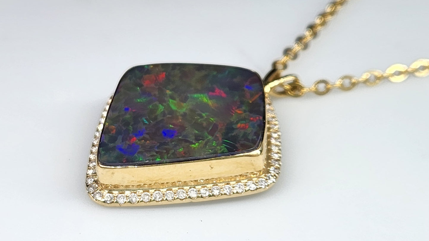 Black Opal & Diamond Pendant 14k Gold Gemstone Necklace #414