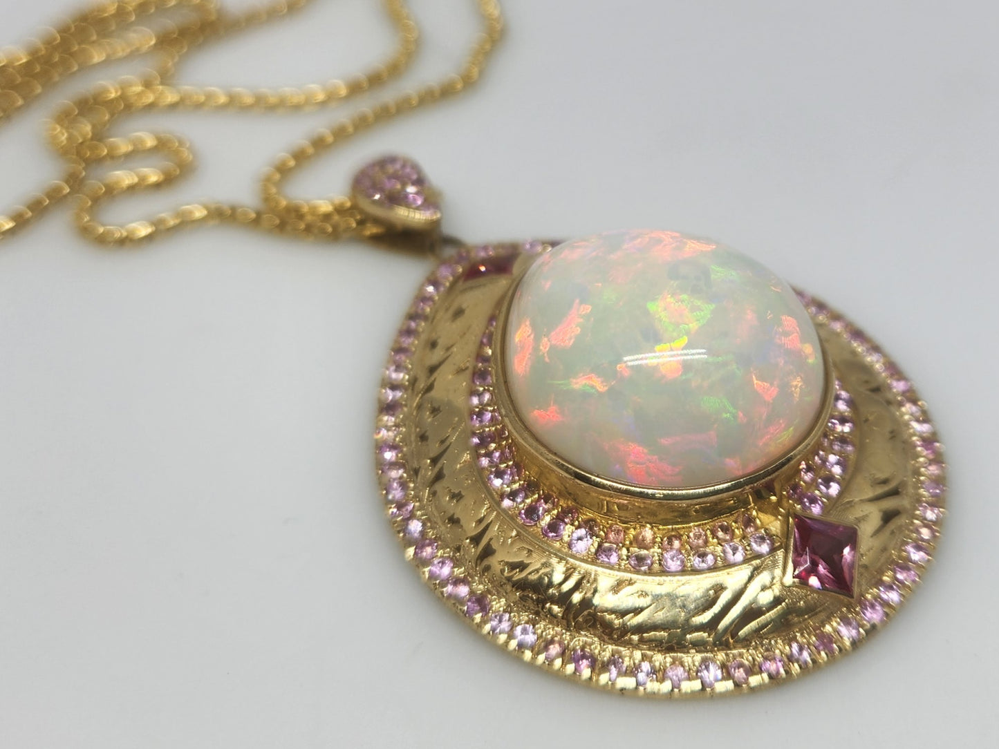 Opal & Pink Sapphire Pendant 14k Gold Jewelry #416