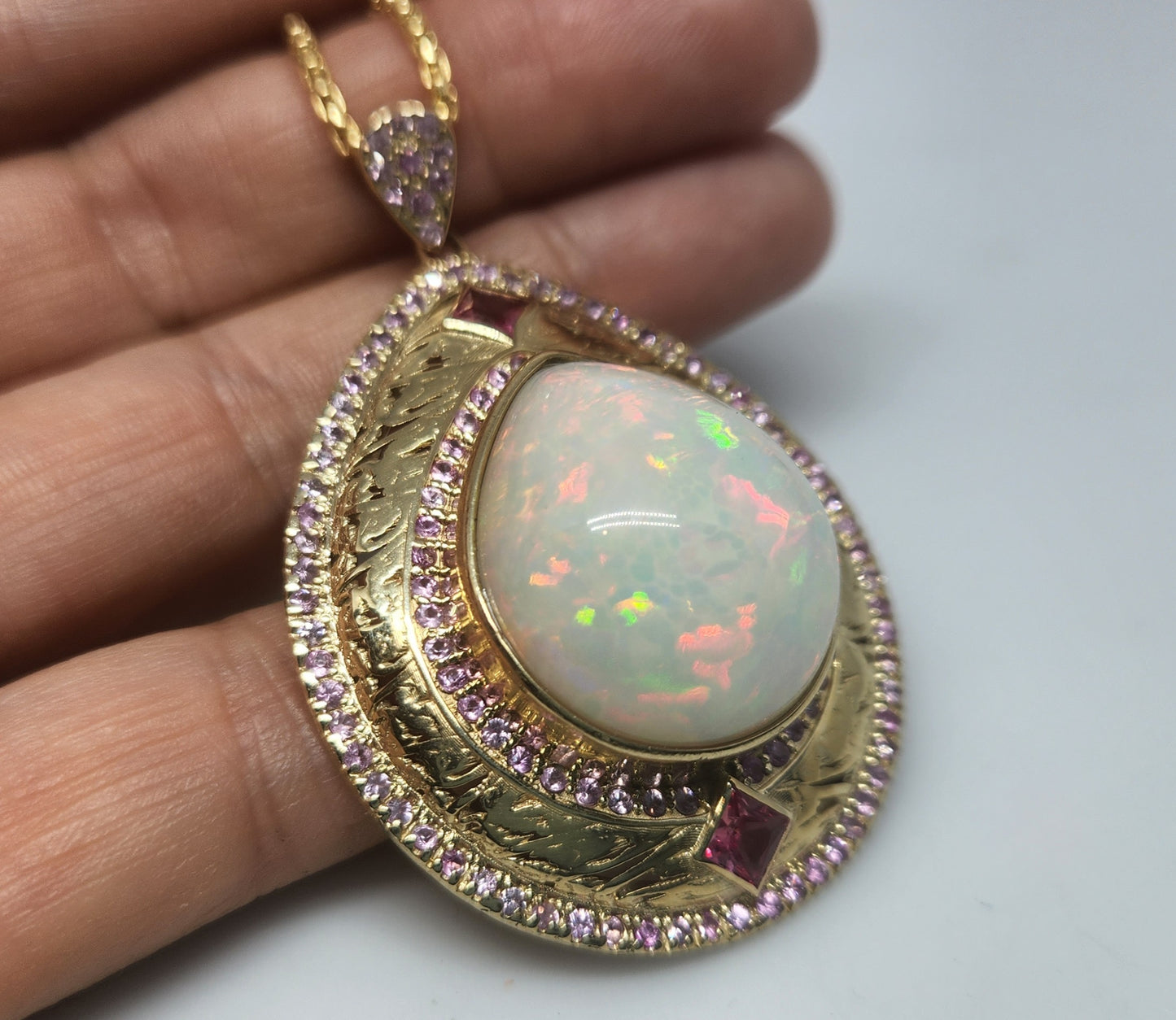 Opal & Pink Tourmaline Pendant 14k Gold Jewelry #416