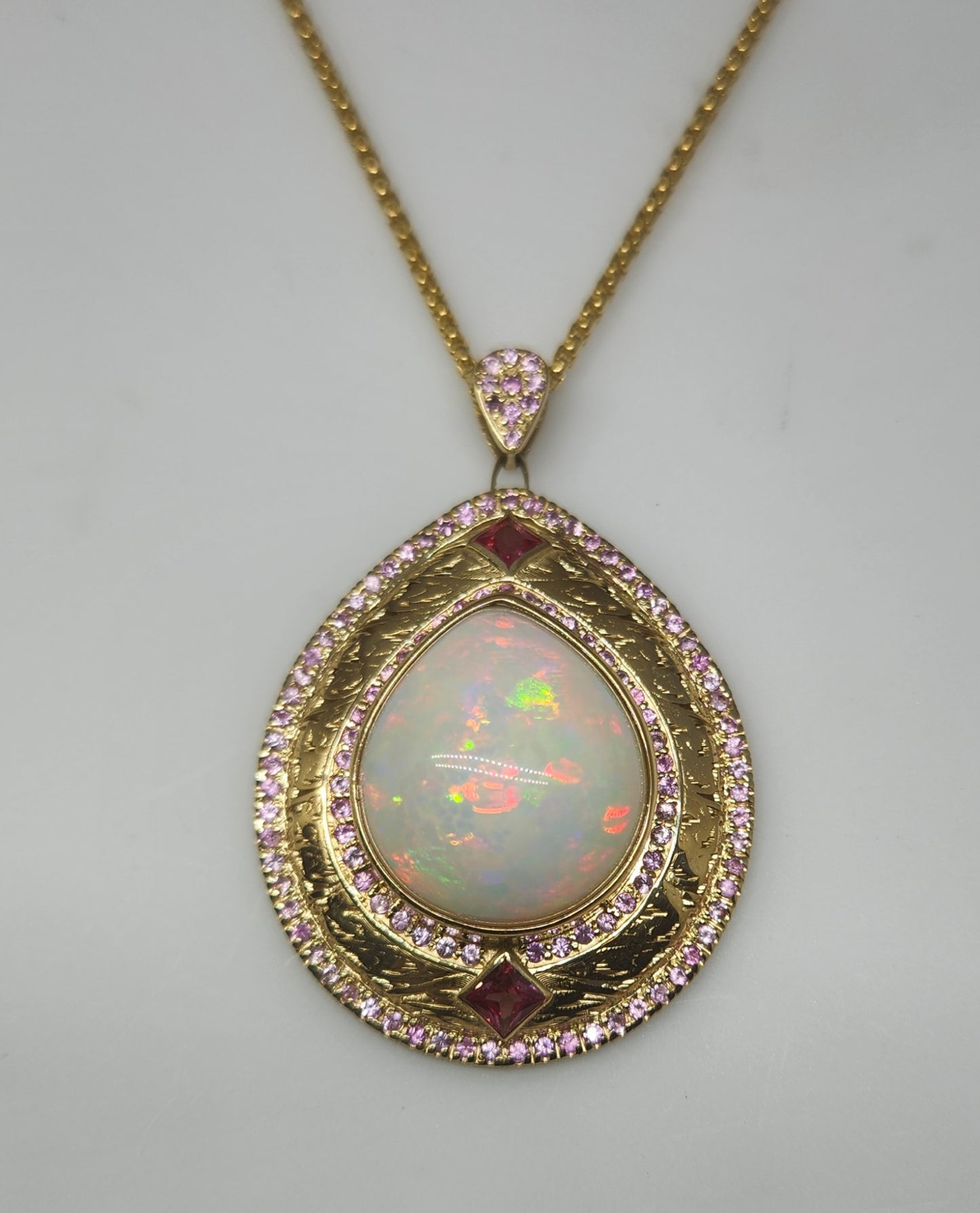Opal & Pink Tourmaline Pendant 14k Gold Jewelry #416