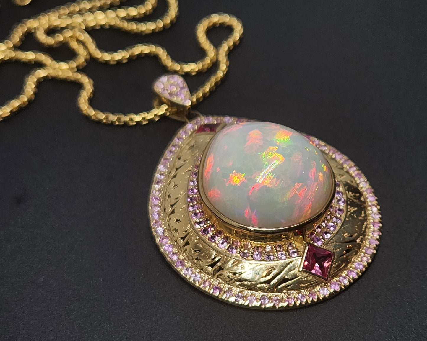 Opal & Pink Sapphire Pendant 14k Gold Jewelry #416